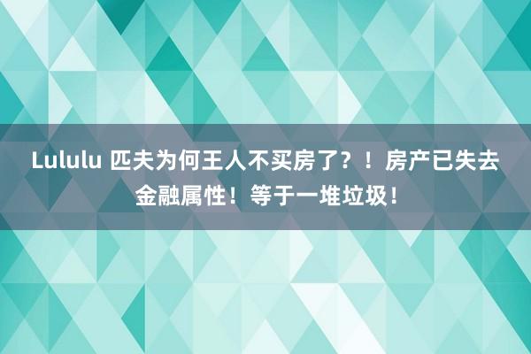 Lululu 匹夫为何王人不买房了？！房产已失去金融属性！等于一堆垃圾！